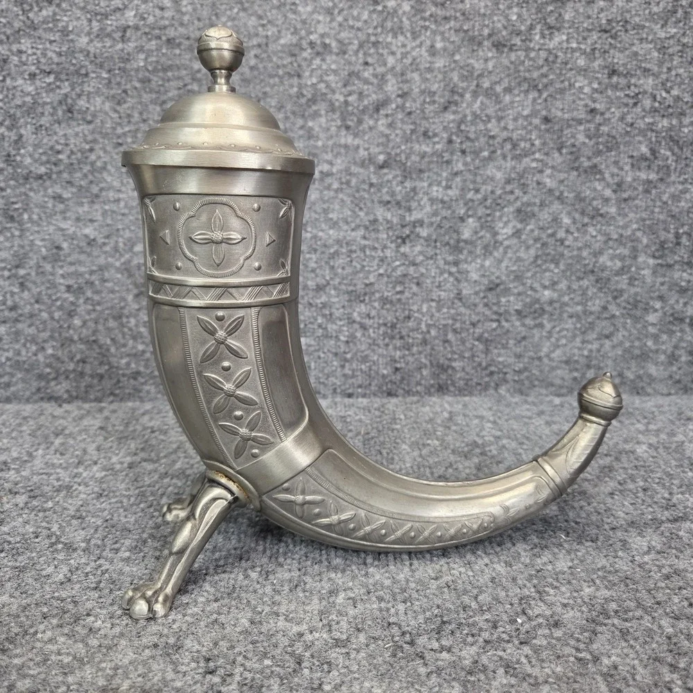 Vintage Aksel Holmsen Pewter Viking Drinking Horn with Lid Made in Norway 1930's